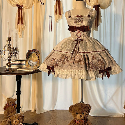 Lolita Bear Castle Doll-like True Waist JSK Jumper Dress