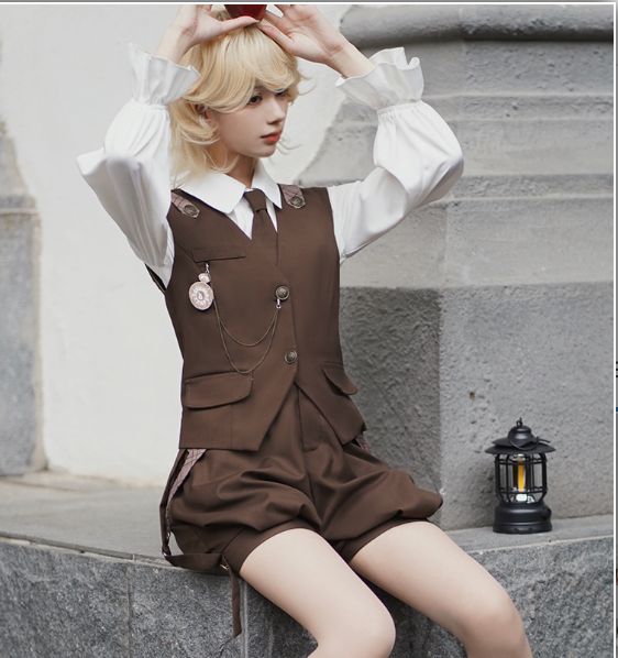 Detective Lolita Prince Set – Brown Vest with Suspender Shorts and Ruffled Blouse