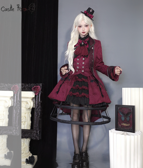 Twin Prince-Inspired Lolita Set – Black and Red Gothic High-Low Hoop Skirt with Vest and Shirt Design