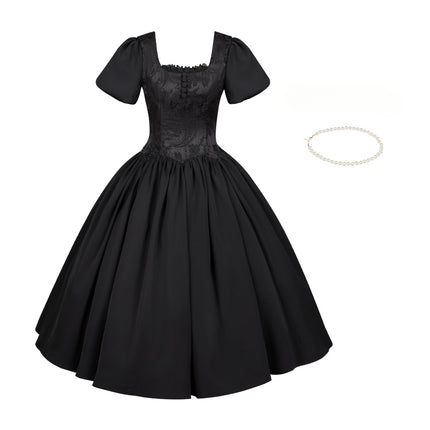 Black & Cream Whimsical Lolita Dress – Adjustable Bows & Multi-Tiered Lace Skirt