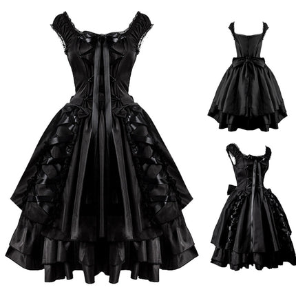 Elegant Black Layered Lace-up Corset-style Gothic Lolita Dress - Vintage Inspired