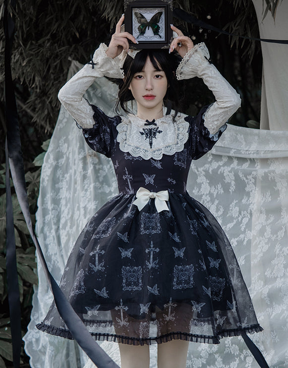 Stage Butterfly Pattern Embroidered Floral Print Natural Flounce Detachable Sleeves OP Lolita Dress