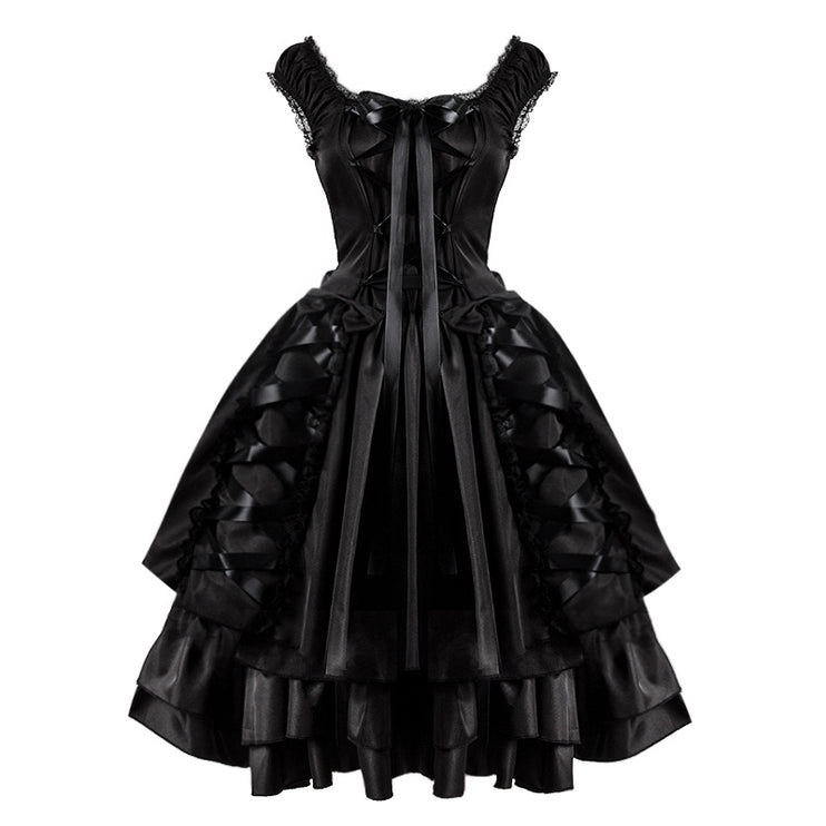 Elegant Black Layered Lace-up Corset-style Gothic Lolita Dress - Vintage Inspired