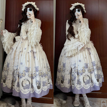 Bluebird Garden Lolita JSK – Elegant Floral Print Cla Series Dress with Waist Tie and Scalloped Hem