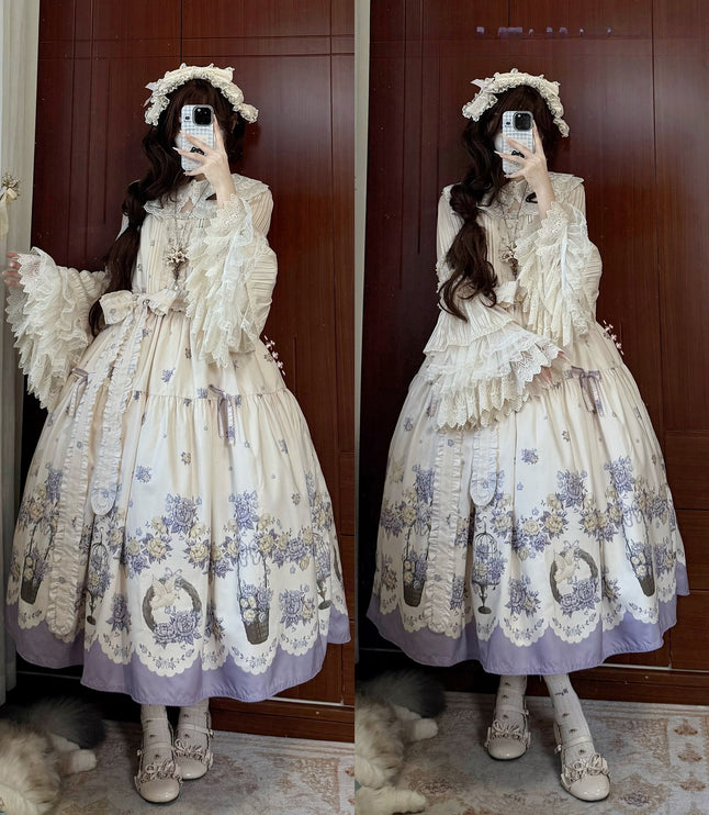 Bluebird Garden Lolita JSK – Elegant Floral Print Cla Series Dress with Waist Tie and Scalloped Hem