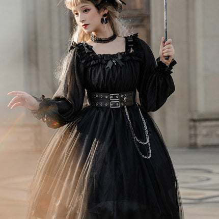 Vintage Square Neck Dark Gothic Black Lolita OP Dress Mid & Long Length