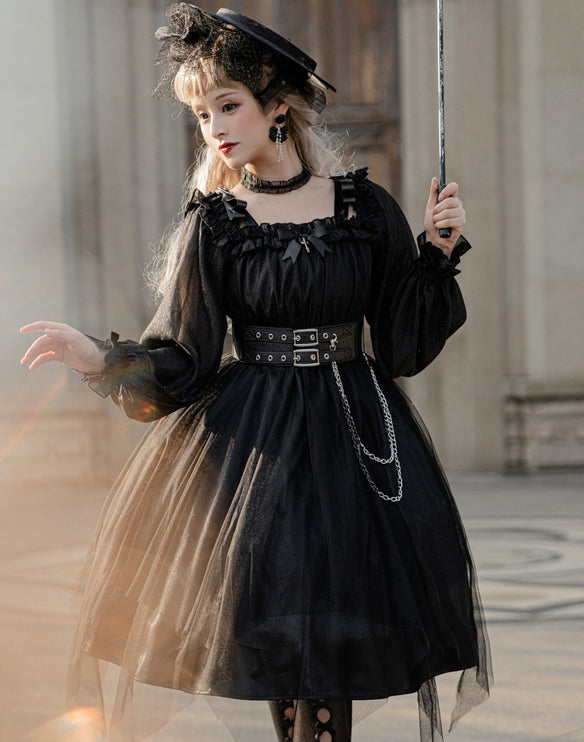 Vintage Square Neck Dark Gothic Black Lolita OP Dress Mid & Long Length