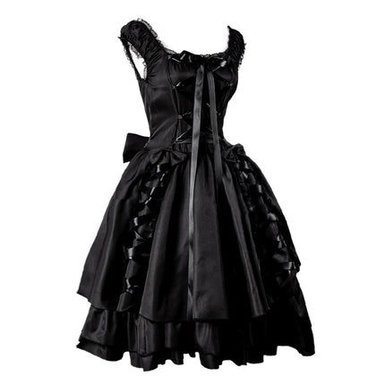 Elegant Black Layered Lace-up Corset-style Gothic Lolita Dress - Vintage Inspired