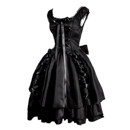 Elegant Black Layered Lace-up Corset-style Gothic Lolita Dress - Vintage Inspired