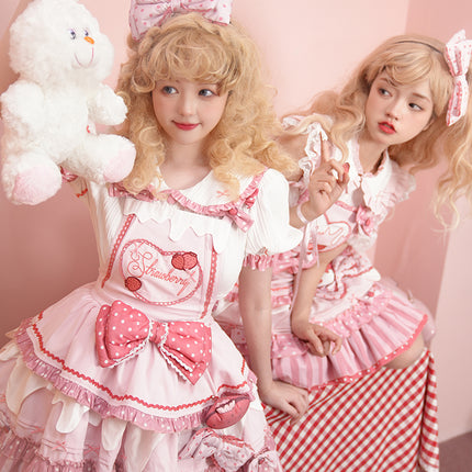 S-XXL Strawberry Party Jumper Skirt JSK Spring/Summer Pink Lolita Dress Set