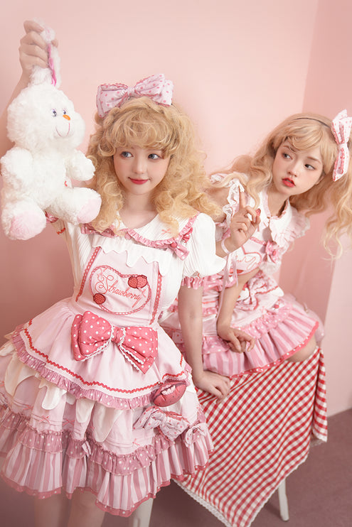 S-XXL Strawberry Party Jumper Skirt JSK Spring/Summer Pink Lolita Dress Set