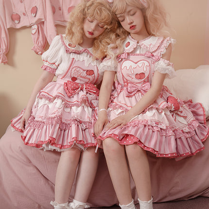 S-XXL Strawberry Party Jumper Skirt JSK Spring/Summer Pink Lolita Dress Set