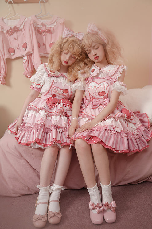 S-XXL Strawberry Party Jumper Skirt JSK Spring/Summer Pink Lolita Dress Set