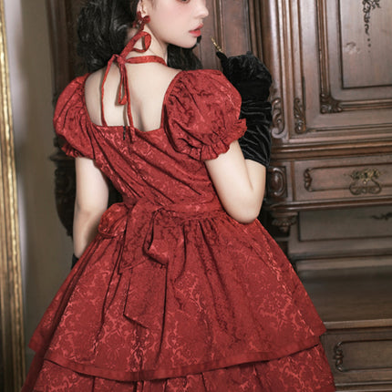 Thorn Rose Lolita Dress Short Sleeve OP Triple-Layer Puffy Skirt Red Lolita Dress