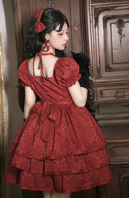 Thorn Rose Lolita Dress Short Sleeve OP Triple-Layer Puffy Skirt Red Lolita Dress