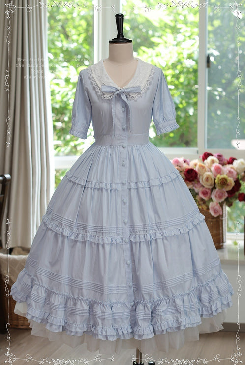 [Pre- order] Vintage French Girl Style 2-Way Lace Collar Lolita Dress - Delicate Details & Customizable Waist, Ships Within 45 Days