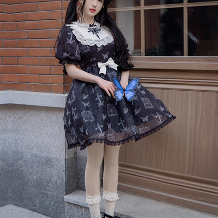 Stage Butterfly Pattern Embroidered Floral Print Natural Flounce Detachable Sleeves OP Lolita Dress