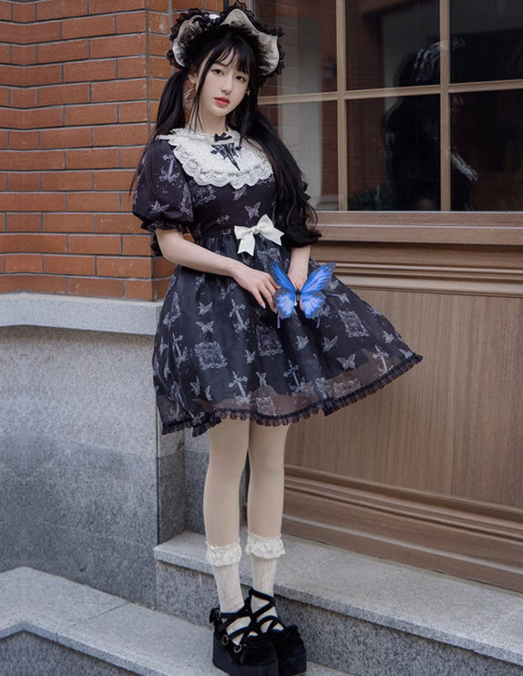 Stage Butterfly Pattern Embroidered Floral Print Natural Flounce Detachable Sleeves OP Lolita Dress