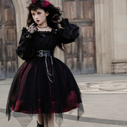 Vintage Square Neck Dark Gothic Black Lolita OP Dress Mid & Long Length