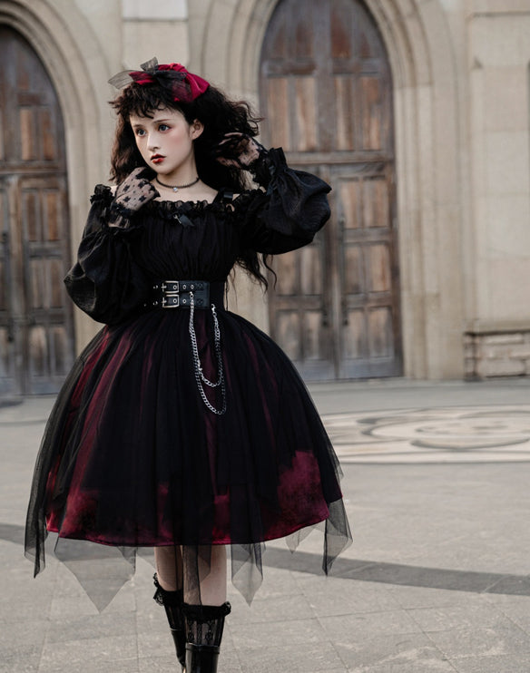 Vintage Square Neck Dark Gothic Black Lolita OP Dress Mid & Long Length