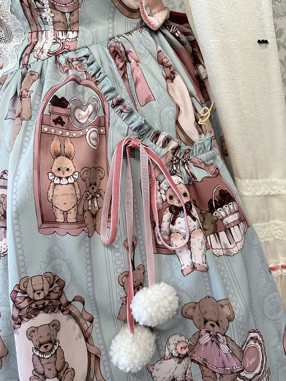 Enchanting Pastel Green Animal Illustration Lolita Jumper Skirt (JSK) Dress