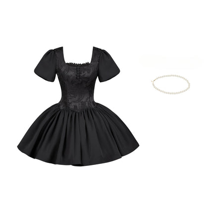 Black & Cream Whimsical Lolita Dress – Adjustable Bows & Multi-Tiered Lace Skirt