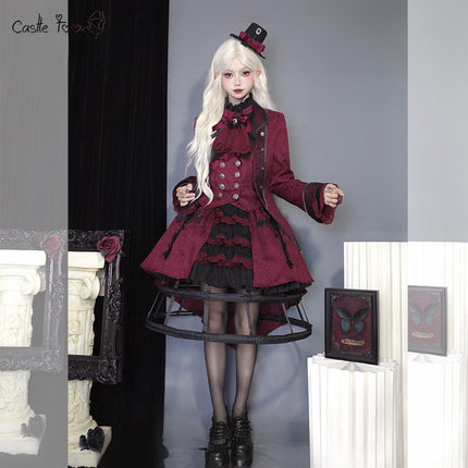 Twin Prince-Inspired Lolita Set – Black and Red Gothic High-Low Hoop Skirt with Vest and Shirt Design