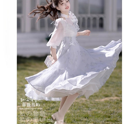 Lolita Fairy Dress! Lace Puff Sleeves + Light Blue Floral Maxi Skirt, Spring Garden Date Outfit