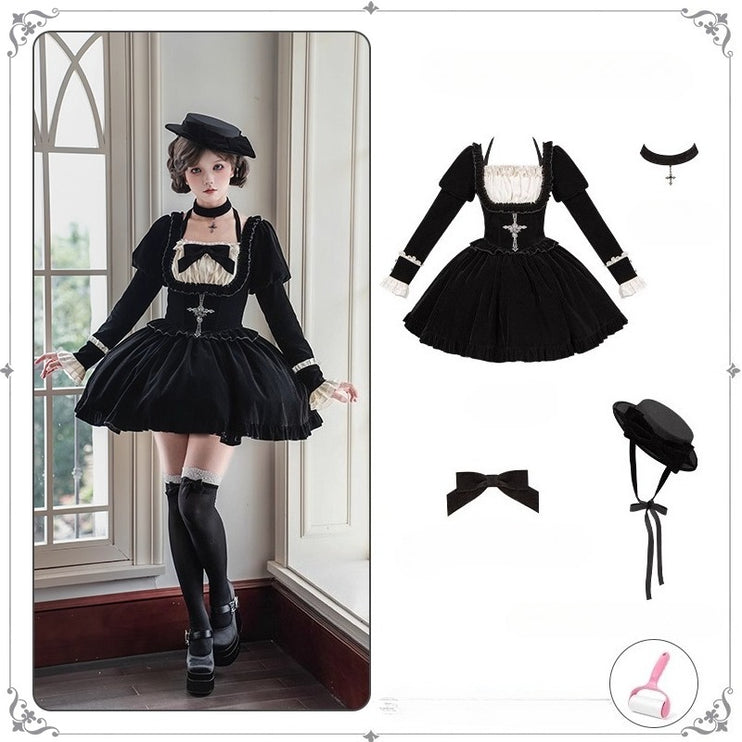Square Neck Waist Boned Velvet OP Lolita (Gemini Winter Collection)