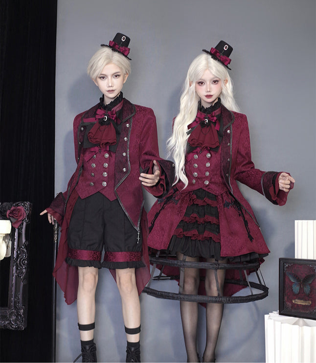 Twin Prince-Inspired Lolita Set – Black and Red Gothic High-Low Hoop Skirt with Vest and Shirt Design