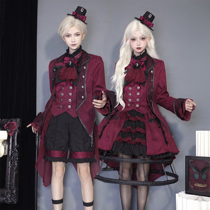 Twin Prince-Inspired Lolita Set – Black and Red Gothic High-Low Hoop Skirt with Vest and Shirt Design