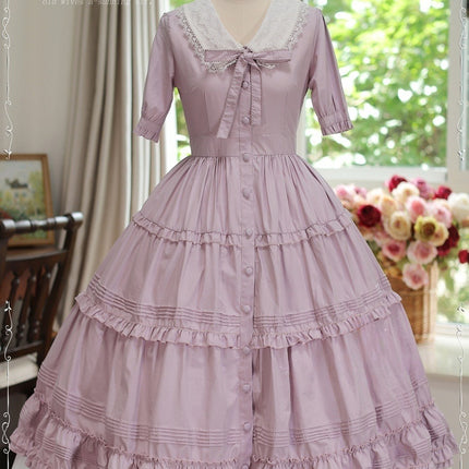 [Pre- order] Vintage French Girl Style 2-Way Lace Collar Lolita Dress - Delicate Details & Customizable Waist, Ships Within 45 Days