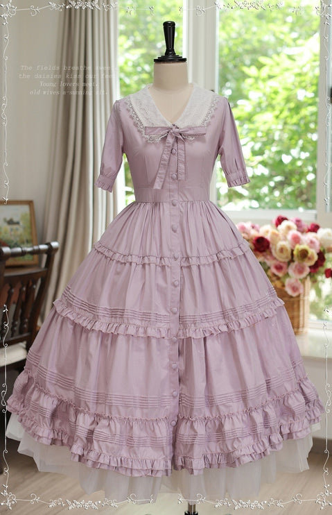 [Pre- order] Vintage French Girl Style 2-Way Lace Collar Lolita Dress - Delicate Details & Customizable Waist, Ships Within 45 Days