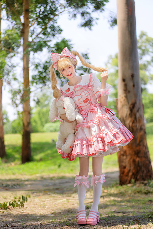 S-XXL Strawberry Party Jumper Skirt JSK Spring/Summer Pink Lolita Dress Set