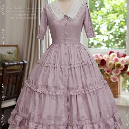 [Pre- order] Vintage French Girl Style 2-Way Lace Collar Lolita Dress - Delicate Details & Customizable Waist, Ships Within 45 Days