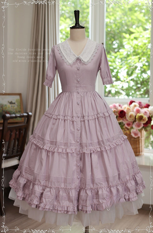 [Pre- order] Vintage French Girl Style 2-Way Lace Collar Lolita Dress - Delicate Details & Customizable Waist, Ships Within 45 Days