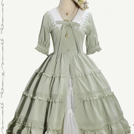 [Pre- order] Vintage French Girl Style 2-Way Lace Collar Lolita Dress - Delicate Details & Customizable Waist, Ships Within 45 Days