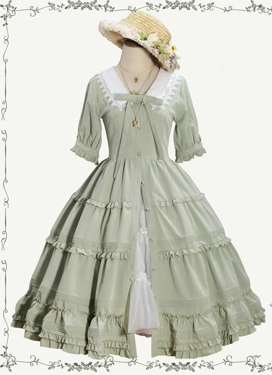 [Pre- order] Vintage French Girl Style 2-Way Lace Collar Lolita Dress - Delicate Details & Customizable Waist, Ships Within 45 Days