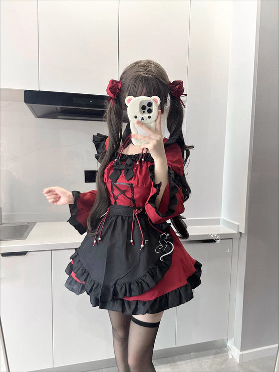 Gothic - Lolita Dress: Red & Black Charm with Frills and Lace - Up Detail