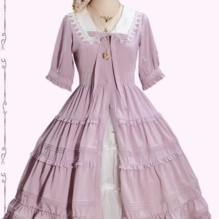 [Pre- order] Vintage French Girl Style 2-Way Lace Collar Lolita Dress - Delicate Details & Customizable Waist, Ships Within 45 Days