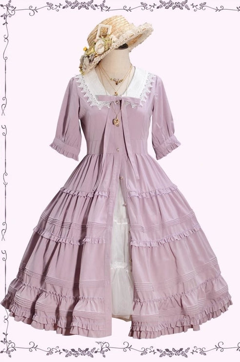 [Pre- order] Vintage French Girl Style 2-Way Lace Collar Lolita Dress - Delicate Details & Customizable Waist, Ships Within 45 Days