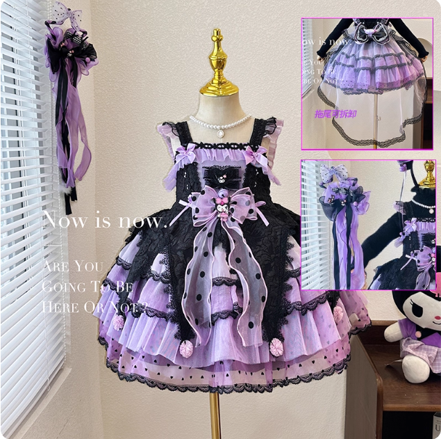 Elegant Black and Purple Lolita Dress for Girls - Intricate Lace and Ruffled Skirt - Perfect for Tea Parties and Special Occasions