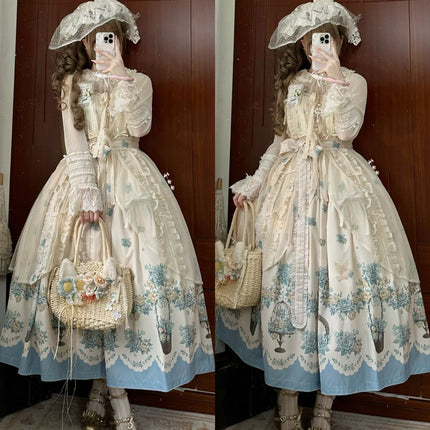 Bluebird Garden Lolita JSK – Elegant Floral Print Cla Series Dress with Waist Tie and Scalloped Hem