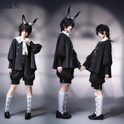 European Prince Lolita Cape Set – Black Jacket with Puff Shorts and Lace Collar Blouse