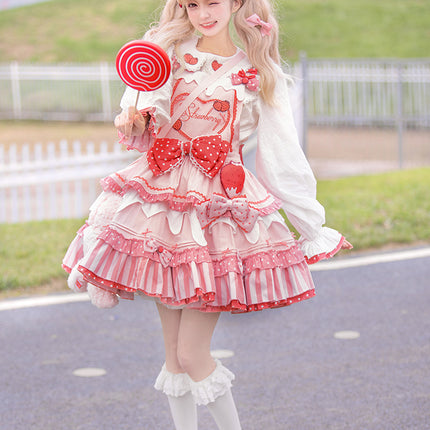 S-XXL Strawberry Party Jumper Skirt JSK Spring/Summer Pink Lolita Dress Set