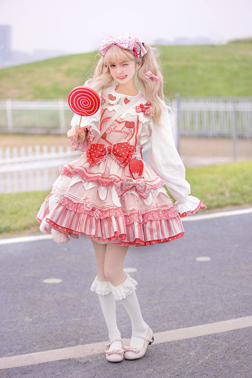 S-XXL Strawberry Party Jumper Skirt JSK Spring/Summer Pink Lolita Dress Set