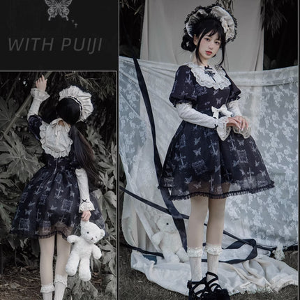 Stage Butterfly Pattern Embroidered Floral Print Natural Flounce Detachable Sleeves OP Lolita Dress