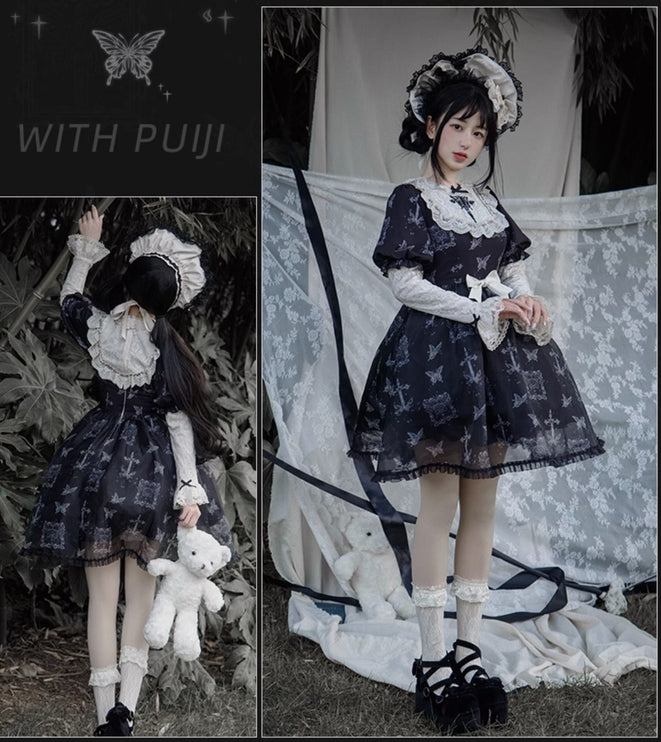 Stage Butterfly Pattern Embroidered Floral Print Natural Flounce Detachable Sleeves OP Lolita Dress