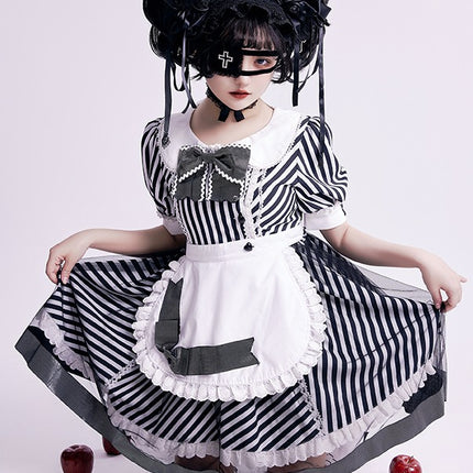 Lemonade Striped Puff-Sleeve Sweet Lolita Dress with Pink Bowknot & Lace Apron