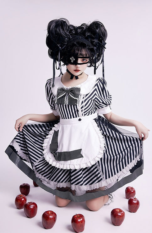 Lemonade Striped Puff-Sleeve Sweet Lolita Dress with Pink Bowknot & Lace Apron